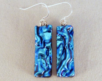 Blue Dichroic Fused Glass Dangle Earrings