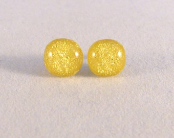 Small Yellow Dichroic Fused Glass Stud Earrings, Hypoallergenic Posts