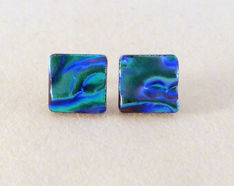 Green & Blue Dichroic Fused Glass Stud Earrings, Hypoallergenic Posts