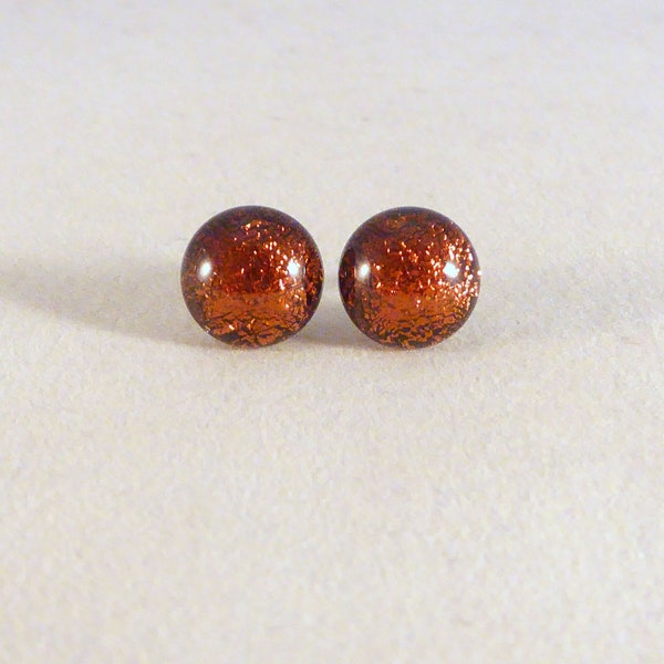 Dark Orange Brown Dichroic Fused Glass Stud Earrings, Hypoallergenic Posts