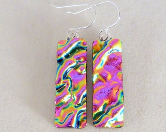 Magenta Rose Gold Dichroic Fused Glass Pendant and Earrings set D022
