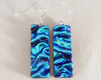 Wire Wrapped Glass Earrings Dark Blue Iridescent Glass with Purple Sheen Drop Dangle Earrings