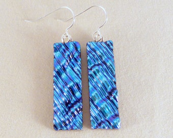 Blue Dichroic Fused Glass Dangle Earrings