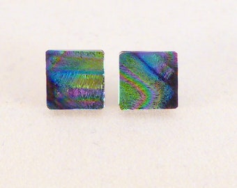 Multi Colored Dichroic Fused Glass Stud Earrings, Hypoallergenic Posts