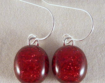 Red Dichroic Fused Glass Dangle Earrings