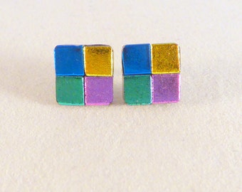 Pink Gold Blue Green Multi Colored Dichroic Fused Glass Studs