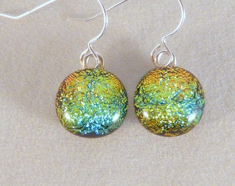 Small Multi Colored Rainbow Dichroic Fused Glass Dangle Earrings