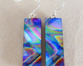 Multi Colored Blue & Purple Dichroic Fused Glass Dangle Earrings