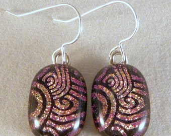 Pink & Black Dichroic Fused Glass Dangle Earrings