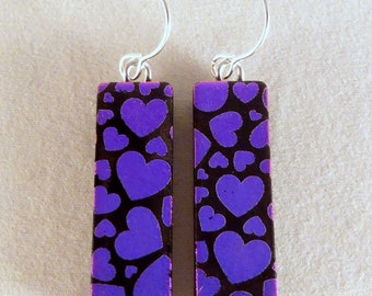 Purple Pink & Black Dichroic Fused Glass Dangle Earrings, Hearts