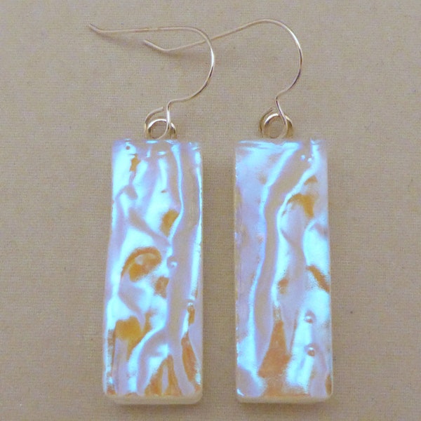 White Dichroic Fused Glass Dangle Earrings