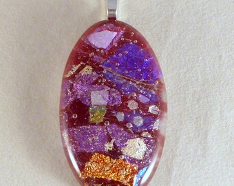 Large Red & Multi Colored Dichroic Fused Glass Mosaic Pendant