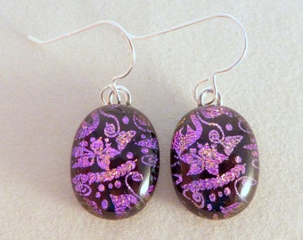 Purple Pink & Black Dichroic Fused Glass Dangle Earrings, Flowers