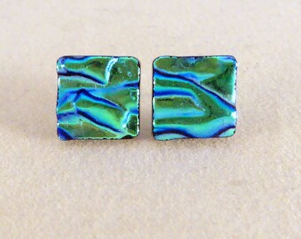 Turquoise Green & Blue Dichroic Fused Glass Stud Earrings, Hypoallergenic Posts