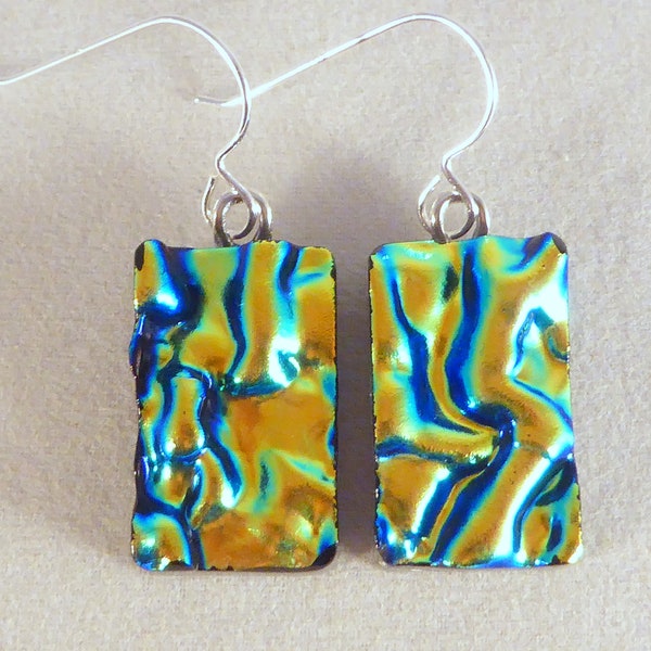 Yellow Gold & Blue Dichroic Fused Glass Dangle Earrings