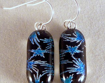 Black & Blue Starburst Fireworks Dichroic Fused Glass Dangle Earrings