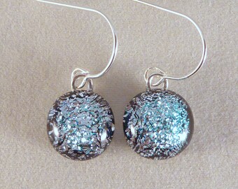 Small Silver Dichroic Fused Glass Dangle Earrings