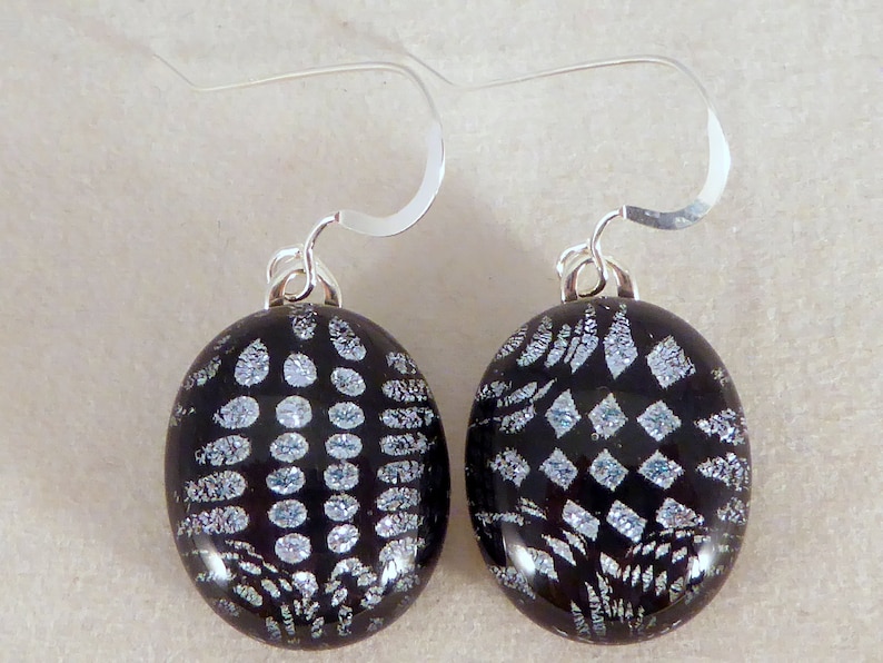 Black /& Silver Dichroic Fused Glass Dangle Earrings