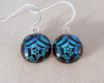 Small Black & Blue Dichroic Fused Glass Dangle Earrings