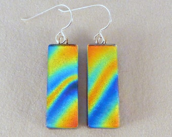 Multi Colored Rainbow Dichroic Fused Glass Dangle Earrings