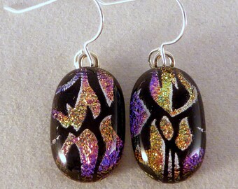 Multi Colored & Black Dichroic Fused Glass Dangle Earrings