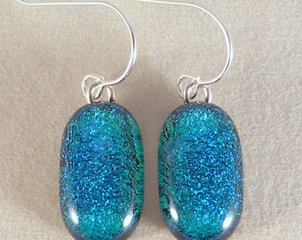 Blue Green Turquoise Dichroic Fused Glass Dangle Earrings
