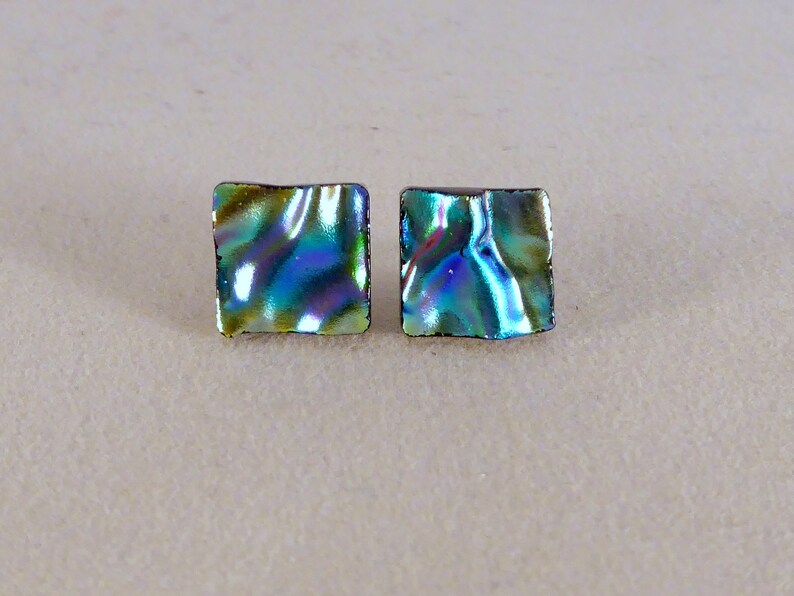 Multi Colored Green, Blue, Purple Dichroic Fused Glass Stud Earrings, Hypoallergenic Posts image 1