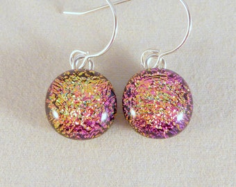 Small Pink & Orange Dichroic Fused Glass Dangle Earrings