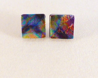 Multi Colored Dichroic Fused Glass Stud Earrings, Hypoallergenic Posts