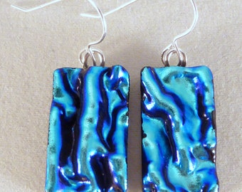 Blue Dichroic Fused Glass Dangle Earrings