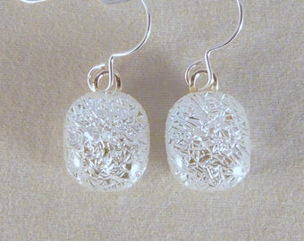 Small Sparkly White Dichroic Fused Glass Dangle Earrings