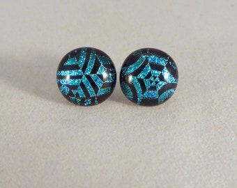 Blue & Black Dichroic Fused Glass Stud Earrings, Hypoallergenic Posts