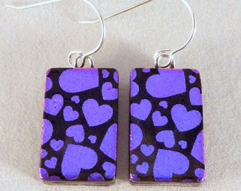 Purple Pink & Black Dichroic Fused Glass Dangle Earrings, Hearts