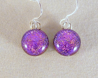 Tiny Pink Dichroic Fused Glass Dangle Earrings