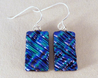 Emerald Green & Blue  Dichroic Fused Glass Dangle Earrings