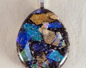 Multi Colored & Black Dichroic Fused Glass Mosaic Teardrop Pendant