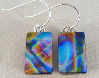 Multi Colored Blue, Purple, Red Dichroic Fused Glass Dangle Earrings