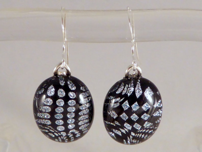 Black /& Silver Dichroic Fused Glass Dangle Earrings