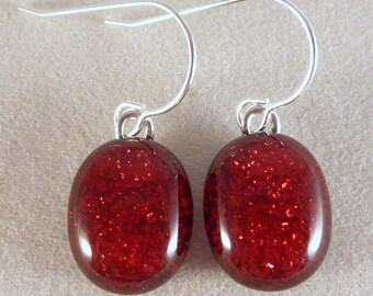 Red Dichroic Fused Glass Dangle Earrings