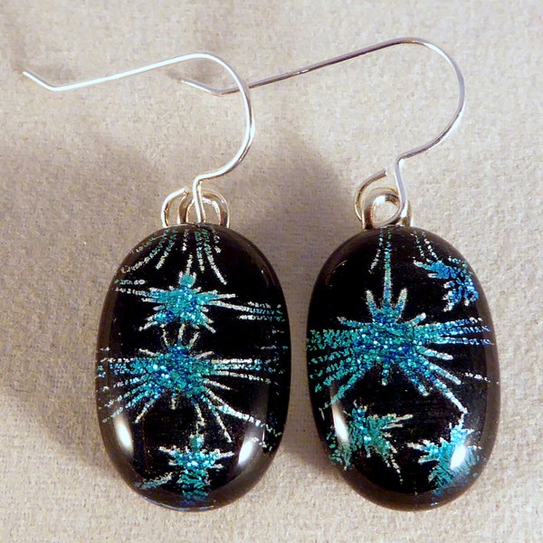Black & Blue Starburst Fireworks Dichroic Fused Glass Dangle Earrings