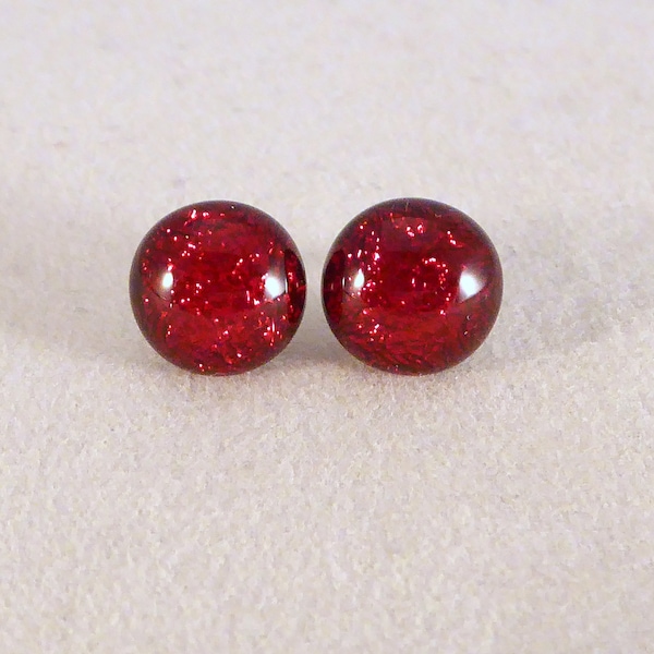 Small Red Dichroic Fused Glass Stud Earring