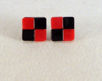 Red & Black Fused Glass Earrings, Hypoallergenic Posts