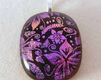 Purple Pink & Black Dichroic Fused Glass Pendant, Flowers, Butterfly