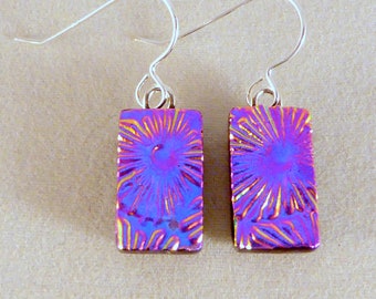 Small Purple, Blue & Pink Dichroic Fused Glass Dangle Earrings