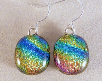 Multi Colored Dichroic Fused Glass Dangle Earrings