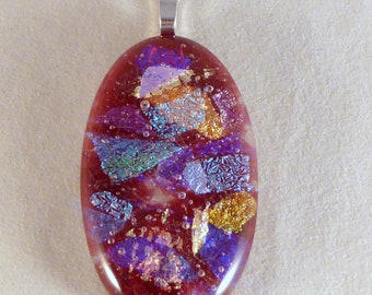 Large Red & Multi Colored Dichroic Fused Glass Mosaic Pendant