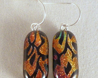 Orange & Black Dichroic Fused Glass Dangle Earrings, Fire Flames
