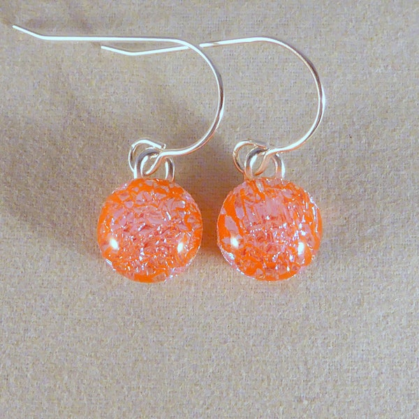 Tiny Sparkly Orange Dichroic Fused Glass Dangle Earrings