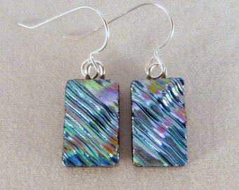 Small Multi Colored Dichroic Fused Glass Dangle Earrings