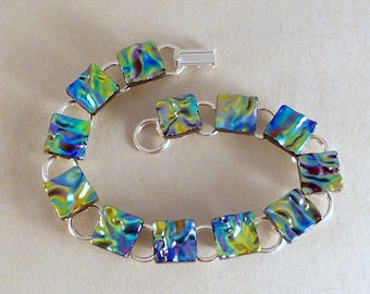 8.5 Inch Multi Colored Green Blue Purple Dichroic Fused Glass Bracelet, Can Be Shortened